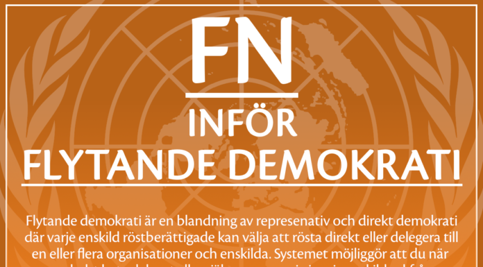 FN inför flytande demokrati – på försök FN inför flytande demokrarti, vilket är en blanding mellan representativ demokrati och direktdemokrati.
